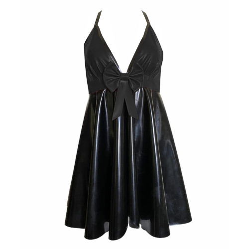 Backless V-neck Halter Bodycon Dress Plus Size Sleeveless Sexy PVC Leather Women Party Dance Evening Dresses with Bow Plus Size