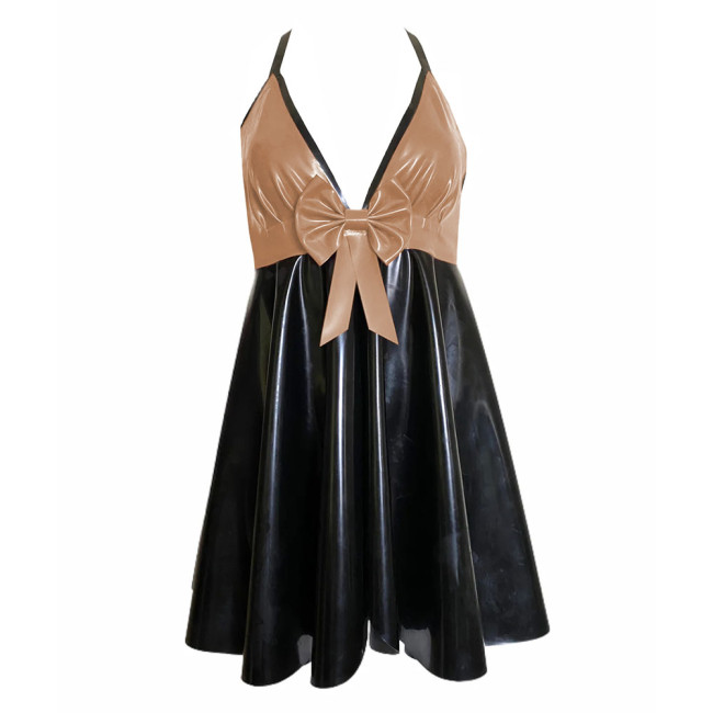 Backless V-neck Halter Bodycon Dress Plus Size Sleeveless Sexy PVC Leather Women Party Dance Evening Dresses with Bow Plus Size
