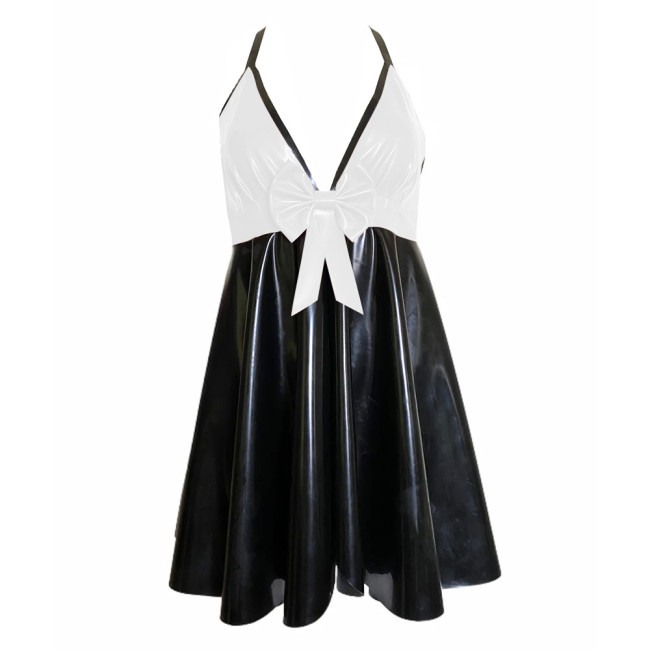 Backless V-neck Halter Bodycon Dress Plus Size Sleeveless Sexy PVC Leather Women Party Dance Evening Dresses with Bow Plus Size