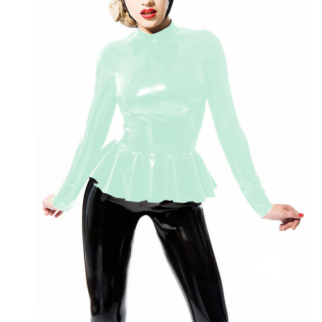 Ruffled Mock Neck Vinyl PVC Leather Tops for Womens Long Sleeved Slim T-shirts Office Ladies Bodycon Blouse High Street Outfits