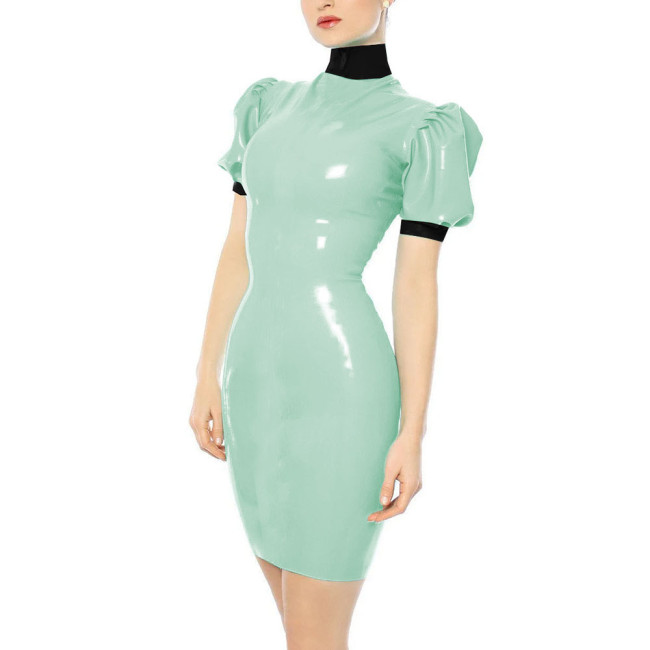 Turtleneck Faux Leather PVC Pencil Dress Sissy Sexy Bodycon Dress Slim Hobble Dress Party Patchwork Clubwear Plus Size 7XL