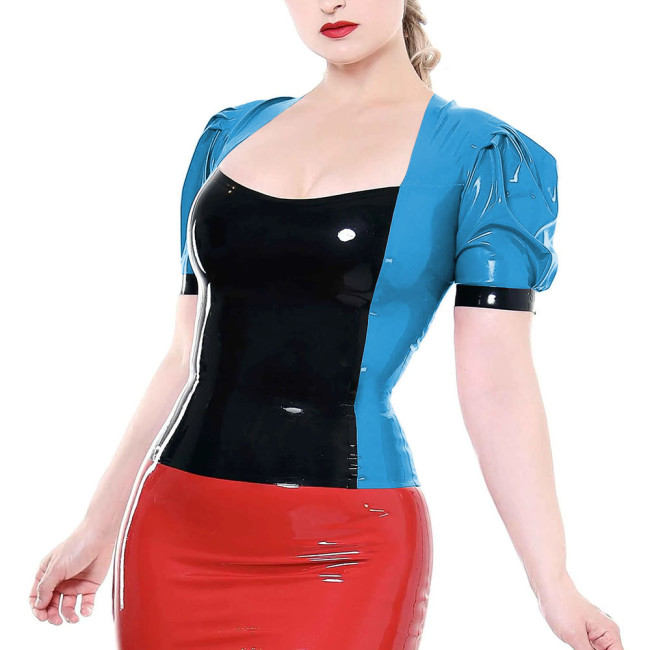 Shiny Patent Leather Square Collar Tops Women Short Puff Sleeves Patchwork Blouse Office Lady Shiny PVC T-Shirt Top Streetwear