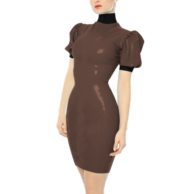 Turtleneck Faux Leather PVC Pencil Dress Sissy Sexy Bodycon Dress Slim Hobble Dress Party Patchwork Clubwear Plus Size 7XL