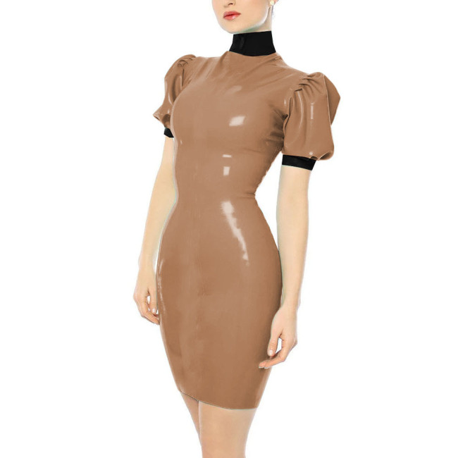 Turtleneck Faux Leather PVC Pencil Dress Sissy Sexy Bodycon Dress Slim Hobble Dress Party Patchwork Clubwear Plus Size 7XL
