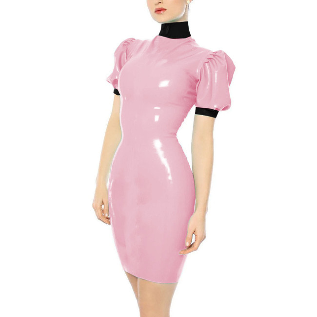 Turtleneck Faux Leather PVC Pencil Dress Sissy Sexy Bodycon Dress Slim Hobble Dress Party Patchwork Clubwear Plus Size 7XL