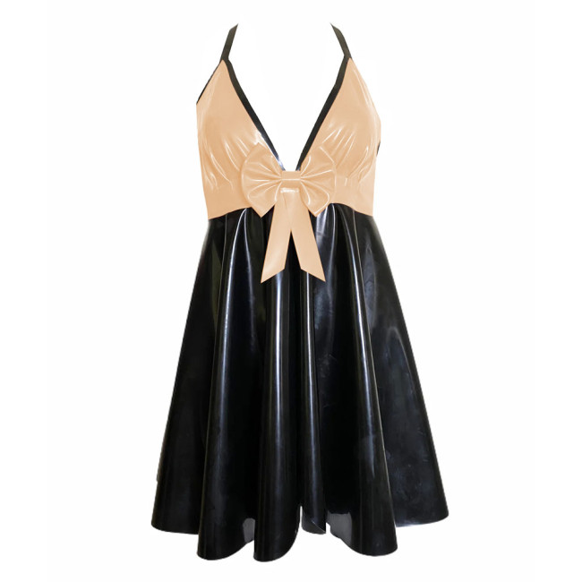 Backless V-neck Halter Bodycon Dress Plus Size Sleeveless Sexy PVC Leather Women Party Dance Evening Dresses with Bow Plus Size