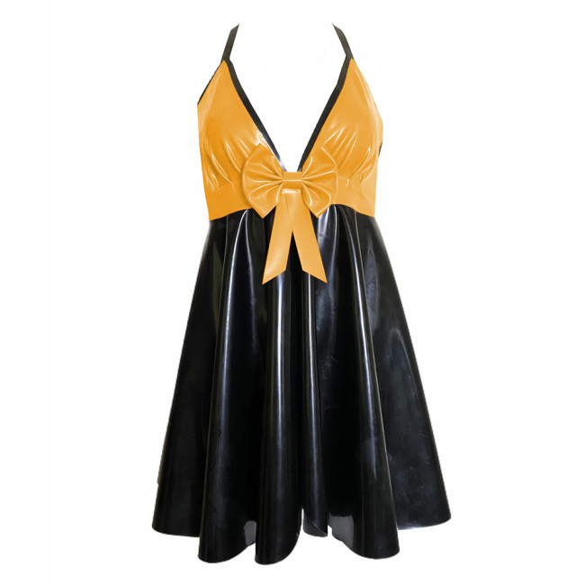 Backless V-neck Halter Bodycon Dress Plus Size Sleeveless Sexy PVC Leather Women Party Dance Evening Dresses with Bow Plus Size