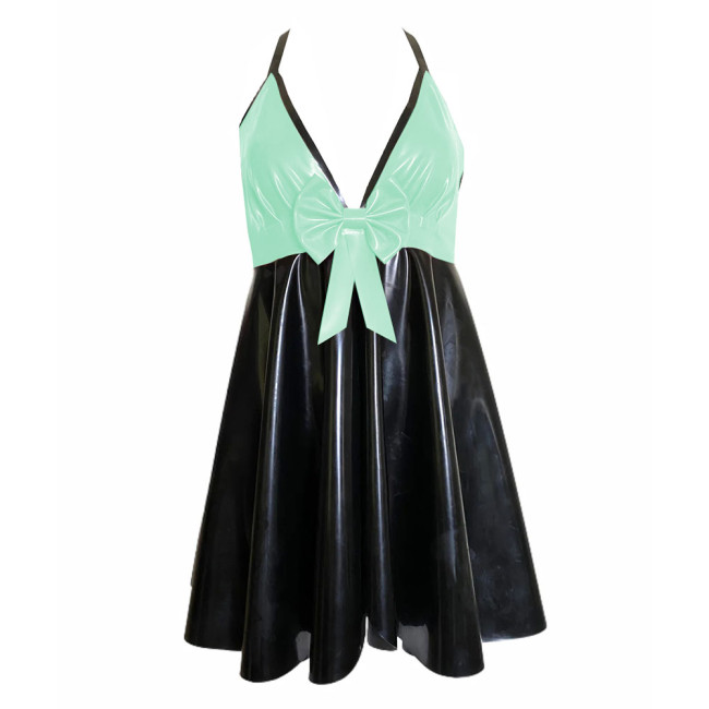 Backless V-neck Halter Bodycon Dress Plus Size Sleeveless Sexy PVC Leather Women Party Dance Evening Dresses with Bow Plus Size
