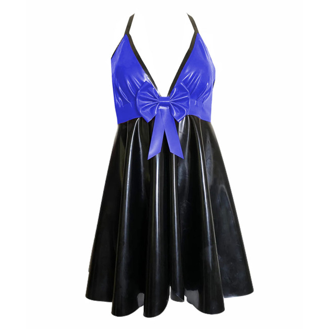 Backless V-neck Halter Bodycon Dress Plus Size Sleeveless Sexy PVC Leather Women Party Dance Evening Dresses with Bow Plus Size