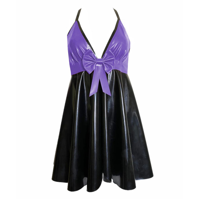 Backless V-neck Halter Bodycon Dress Plus Size Sleeveless Sexy PVC Leather Women Party Dance Evening Dresses with Bow Plus Size