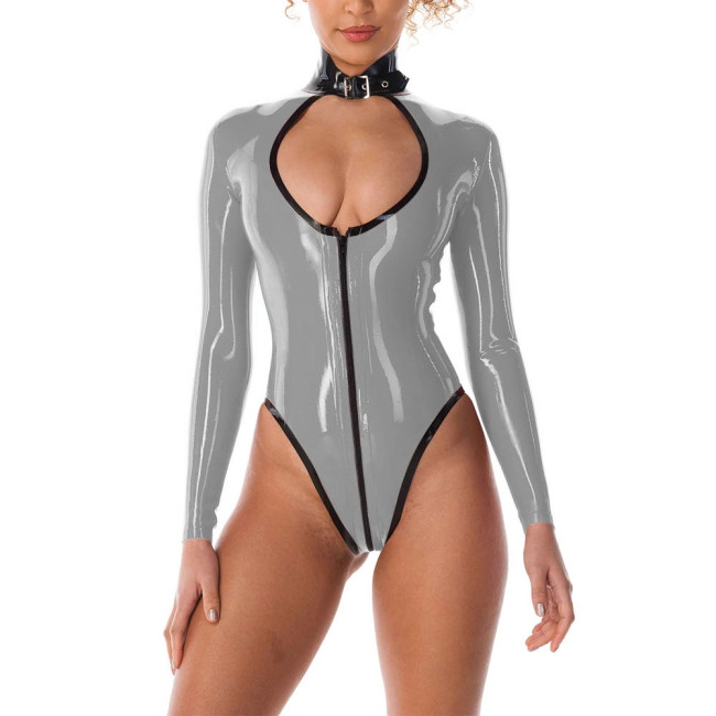 One-piece Rompers Long Sleeve Catsuit Vinyl Faux Leather Bodysuit Sexy Women Hollow out Chest Playsuits with Front Zipper 7XL