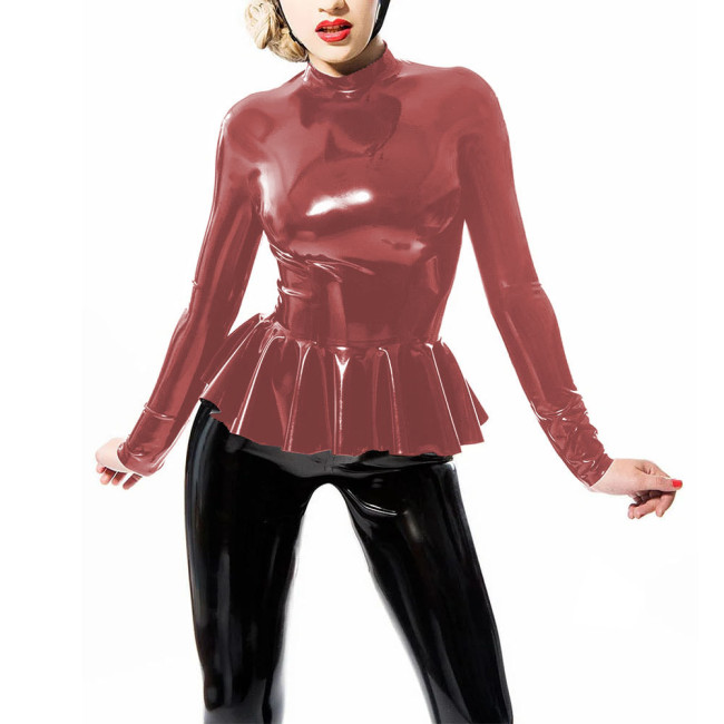 Ruffled Mock Neck Vinyl PVC Leather Tops for Womens Long Sleeved Slim T-shirts Office Ladies Bodycon Blouse High Street Outfits