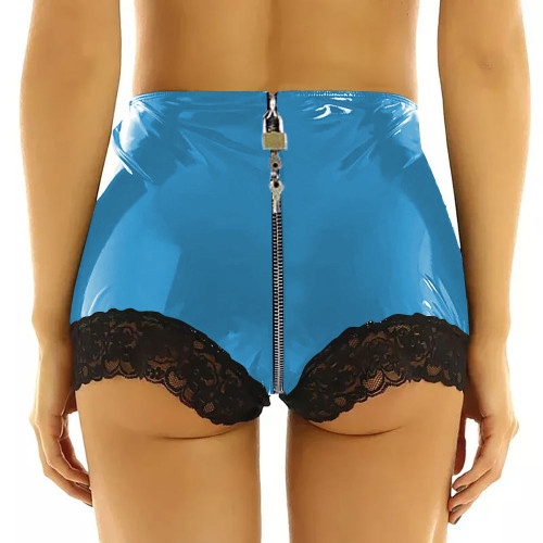 Lockable Exotic PVC Leather Panties Faux Latex Fetish Bondage Pants with Lace Dance Stage Clubwear Sissy Knickers Zipper Crotch
