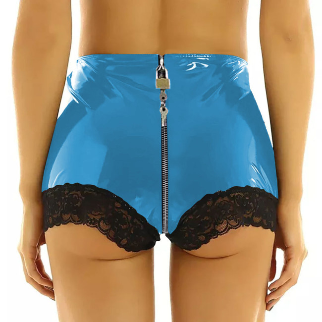 Lockable Exotic PVC Leather Panties Faux Latex Fetish Bondage Pants with Lace Dance Stage Clubwear Sissy Knickers Zipper Crotch