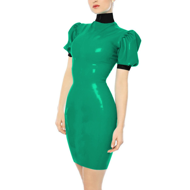 Turtleneck Faux Leather PVC Pencil Dress Sissy Sexy Bodycon Dress Slim Hobble Dress Party Patchwork Clubwear Plus Size 7XL