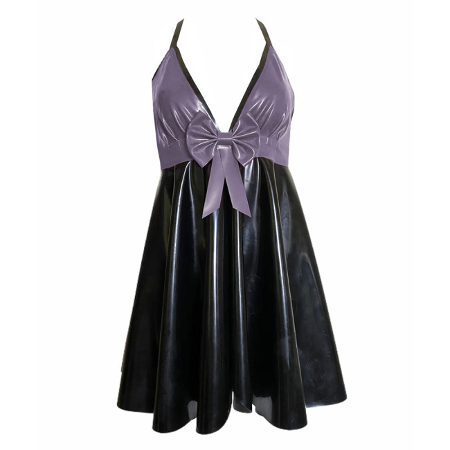 Backless V-neck Halter Bodycon Dress Plus Size Sleeveless Sexy PVC Leather Women Party Dance Evening Dresses with Bow Plus Size