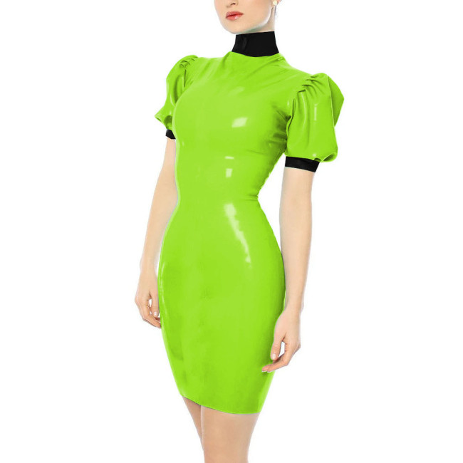 Turtleneck Faux Leather PVC Pencil Dress Sissy Sexy Bodycon Dress Slim Hobble Dress Party Patchwork Clubwear Plus Size 7XL