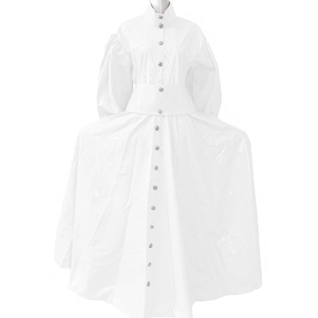 New Women Elegant Long Dress PVC Leather Long Sleeve Maxi Dress Button Up PU Leather Loose Casual Dress Oversized Retro Clothing