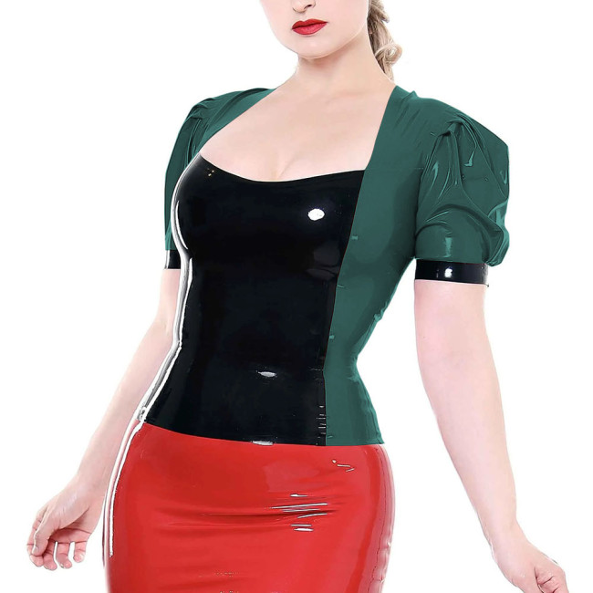 Shiny Patent Leather Square Collar Tops Women Short Puff Sleeves Patchwork Blouse Office Lady Shiny PVC T-Shirt Top Streetwear