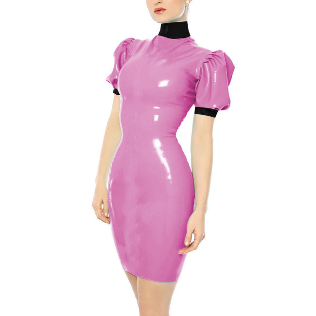 Turtleneck Faux Leather PVC Pencil Dress Sissy Sexy Bodycon Dress Slim Hobble Dress Party Patchwork Clubwear Plus Size 7XL