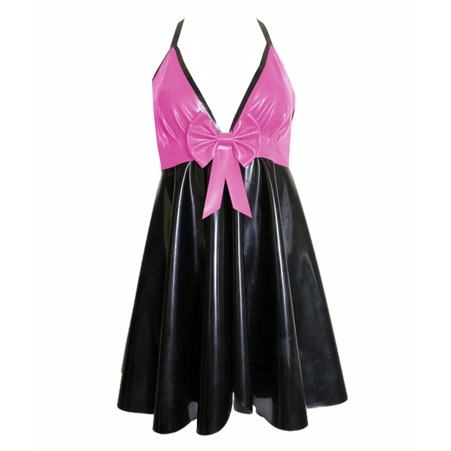 Backless V-neck Halter Bodycon Dress Plus Size Sleeveless Sexy PVC Leather Women Party Dance Evening Dresses with Bow Plus Size