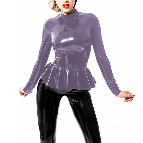 Ruffled Mock Neck Vinyl PVC Leather Tops for Womens Long Sleeved Slim T-shirts Office Ladies Bodycon Blouse High Street Outfits