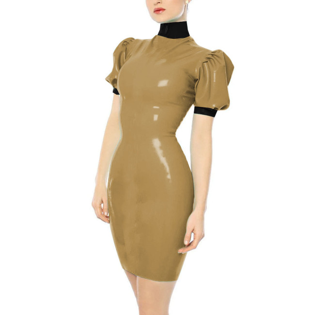 Turtleneck Faux Leather PVC Pencil Dress Sissy Sexy Bodycon Dress Slim Hobble Dress Party Patchwork Clubwear Plus Size 7XL