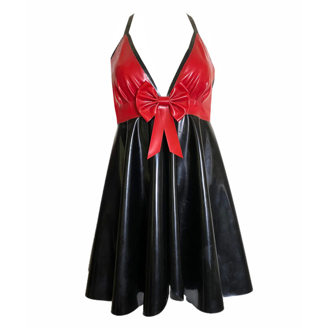 Backless V-neck Halter Bodycon Dress Plus Size Sleeveless Sexy PVC Leather Women Party Dance Evening Dresses with Bow Plus Size