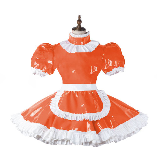 Mens Sexy Sissy Lockable Lolita Costume Man Cosplay PVC Leather Maid Outfit Short Puff Sleeve Lolita Roleplay Crossdresser Gay
