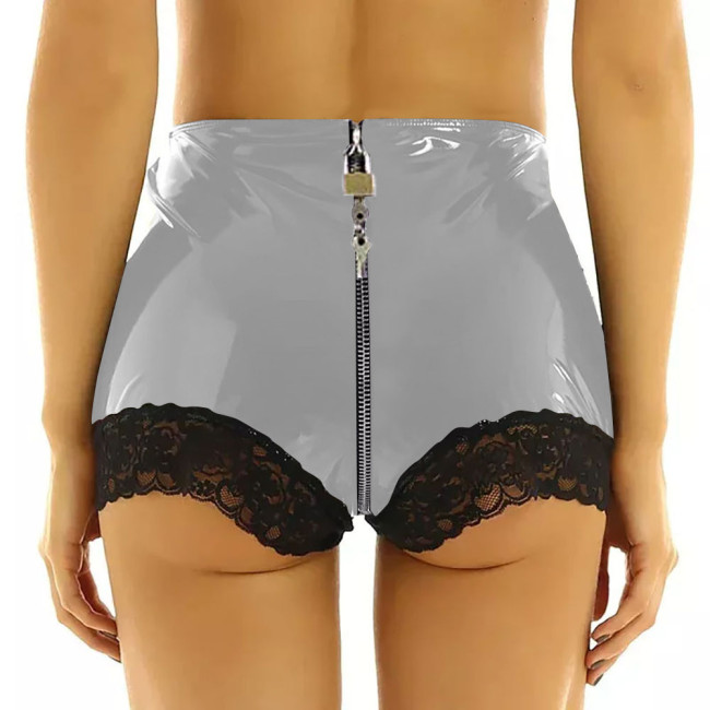 Lockable Exotic PVC Leather Panties Faux Latex Fetish Bondage Pants with Lace Dance Stage Clubwear Sissy Knickers Zipper Crotch