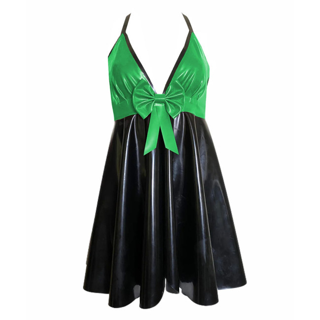 Backless V-neck Halter Bodycon Dress Plus Size Sleeveless Sexy PVC Leather Women Party Dance Evening Dresses with Bow Plus Size