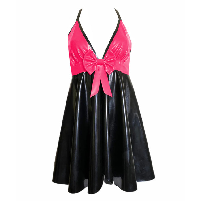 Backless V-neck Halter Bodycon Dress Plus Size Sleeveless Sexy PVC Leather Women Party Dance Evening Dresses with Bow Plus Size