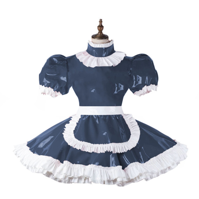 Mens Sexy Sissy Lockable Lolita Costume Man Cosplay PVC Leather Maid Outfit Short Puff Sleeve Lolita Roleplay Crossdresser Gay
