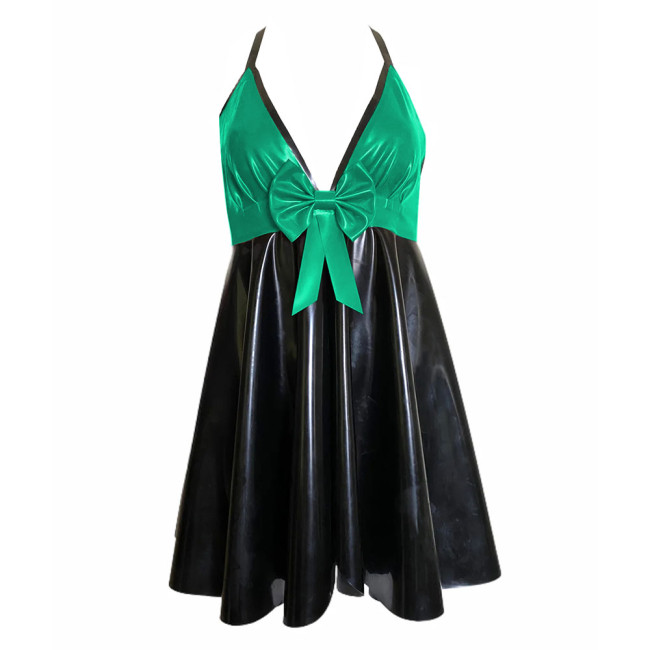 Backless V-neck Halter Bodycon Dress Plus Size Sleeveless Sexy PVC Leather Women Party Dance Evening Dresses with Bow Plus Size