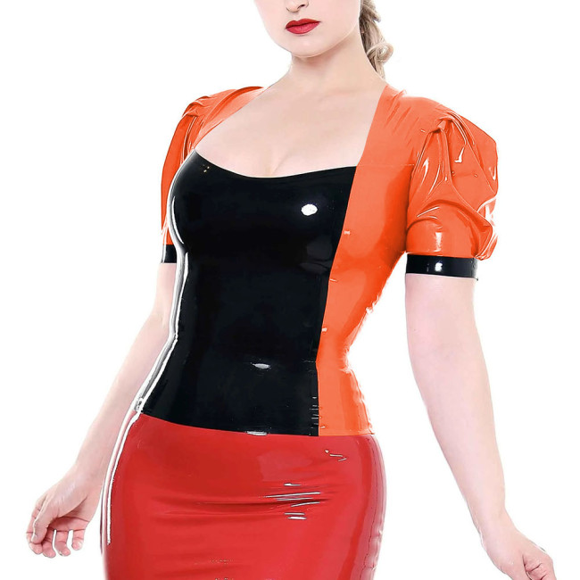 Shiny Patent Leather Square Collar Tops Women Short Puff Sleeves Patchwork Blouse Office Lady Shiny PVC T-Shirt Top Streetwear