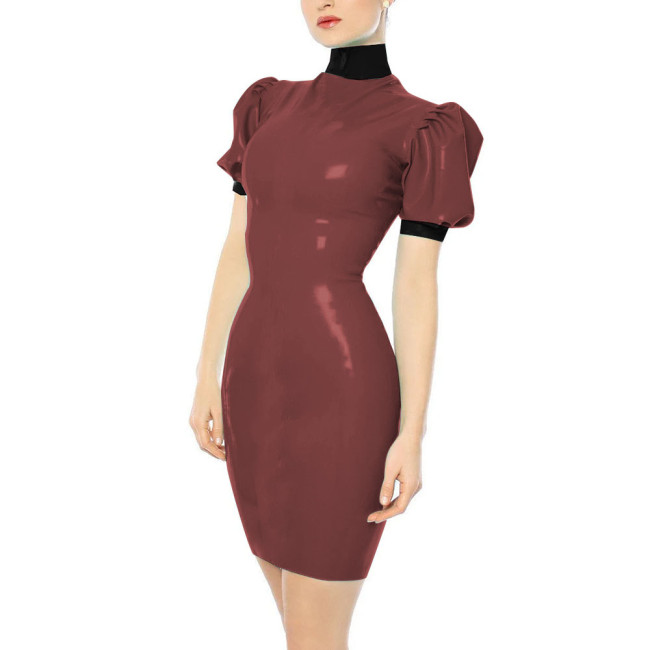 Turtleneck Faux Leather PVC Pencil Dress Sissy Sexy Bodycon Dress Slim Hobble Dress Party Patchwork Clubwear Plus Size 7XL