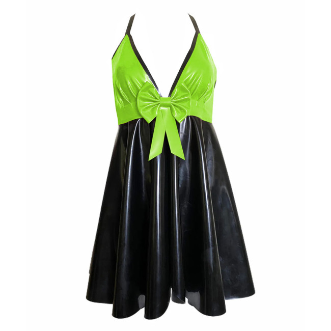 Backless V-neck Halter Bodycon Dress Plus Size Sleeveless Sexy PVC Leather Women Party Dance Evening Dresses with Bow Plus Size