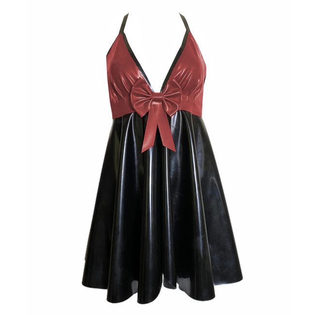 Backless V-neck Halter Bodycon Dress Plus Size Sleeveless Sexy PVC Leather Women Party Dance Evening Dresses with Bow Plus Size