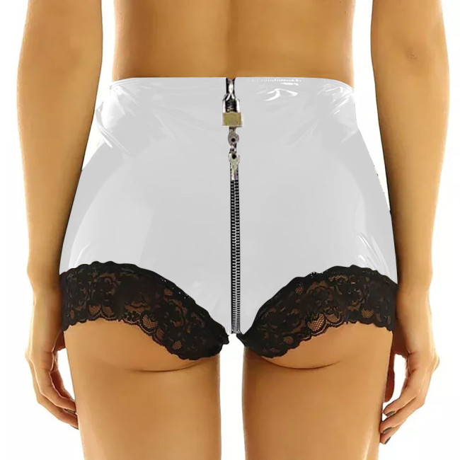 Lockable Exotic PVC Leather Panties Faux Latex Fetish Bondage Pants with Lace Dance Stage Clubwear Sissy Knickers Zipper Crotch