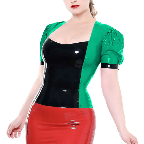 Shiny Patent Leather Square Collar Tops Women Short Puff Sleeves Patchwork Blouse Office Lady Shiny PVC T-Shirt Top Streetwear