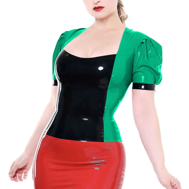 Shiny Patent Leather Square Collar Tops Women Short Puff Sleeves Patchwork Blouse Office Lady Shiny PVC T-Shirt Top Streetwear