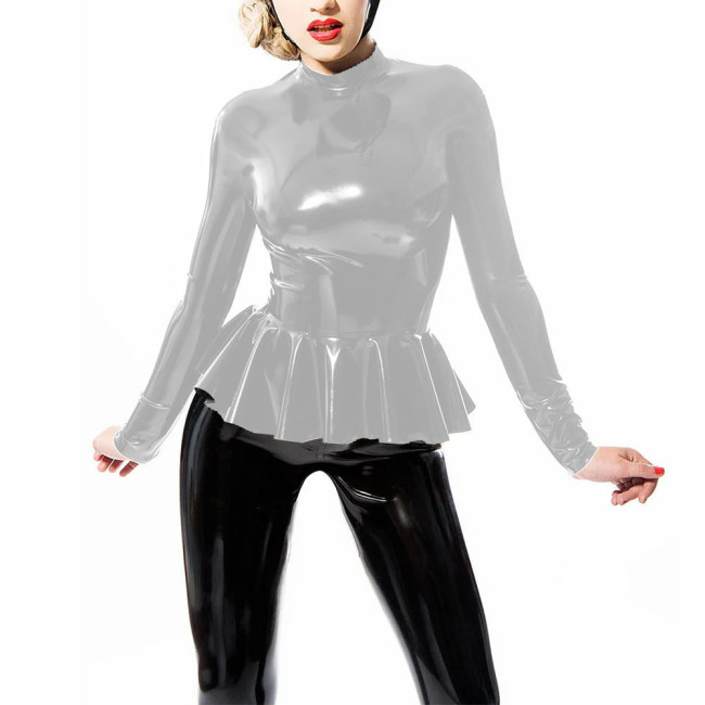 Ruffled Mock Neck Vinyl PVC Leather Tops for Womens Long Sleeved Slim T-shirts Office Ladies Bodycon Blouse High Street Outfits
