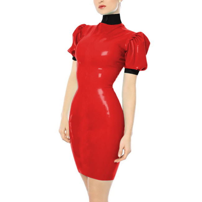 Turtleneck Faux Leather PVC Pencil Dress Sissy Sexy Bodycon Dress Slim Hobble Dress Party Patchwork Clubwear Plus Size 7XL