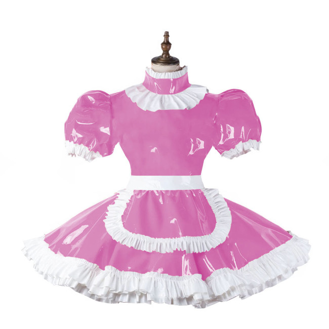 Mens Sexy Sissy Lockable Lolita Costume Man Cosplay PVC Leather Maid Outfit Short Puff Sleeve Lolita Roleplay Crossdresser Gay
