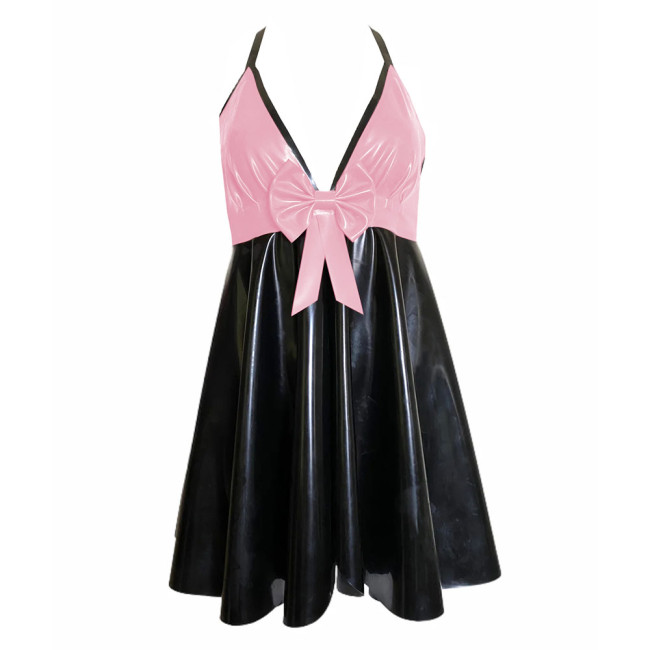 Backless V-neck Halter Bodycon Dress Plus Size Sleeveless Sexy PVC Leather Women Party Dance Evening Dresses with Bow Plus Size