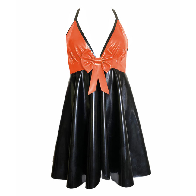 Backless V-neck Halter Bodycon Dress Plus Size Sleeveless Sexy PVC Leather Women Party Dance Evening Dresses with Bow Plus Size
