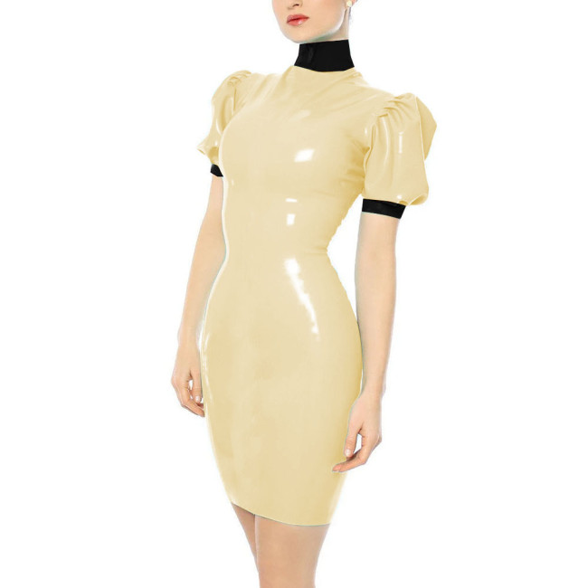 Turtleneck Faux Leather PVC Pencil Dress Sissy Sexy Bodycon Dress Slim Hobble Dress Party Patchwork Clubwear Plus Size 7XL