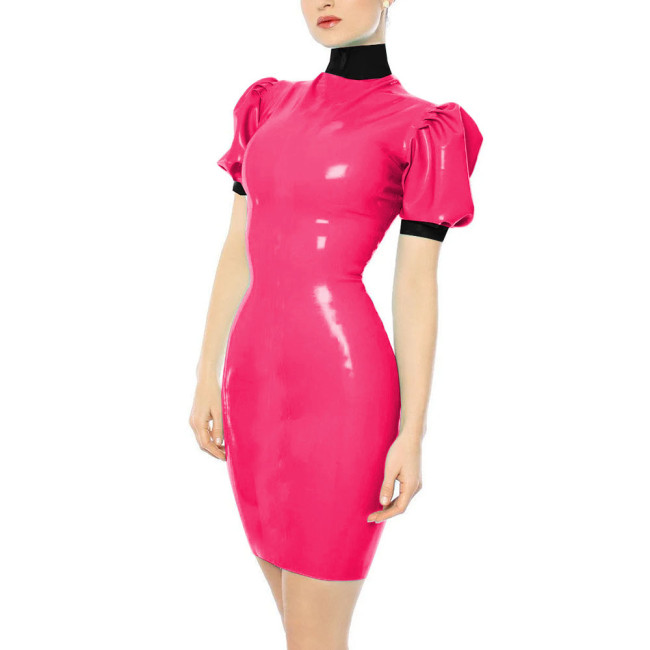 Turtleneck Faux Leather PVC Pencil Dress Sissy Sexy Bodycon Dress Slim Hobble Dress Party Patchwork Clubwear Plus Size 7XL