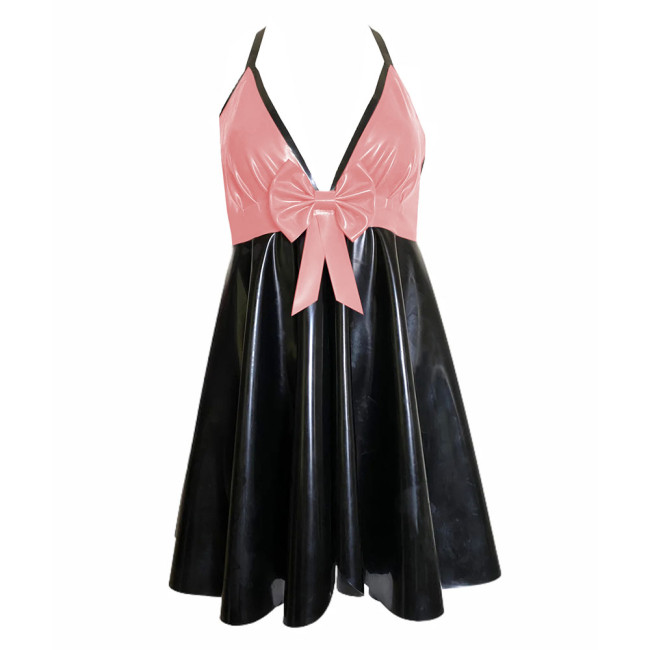 Backless V-neck Halter Bodycon Dress Plus Size Sleeveless Sexy PVC Leather Women Party Dance Evening Dresses with Bow Plus Size