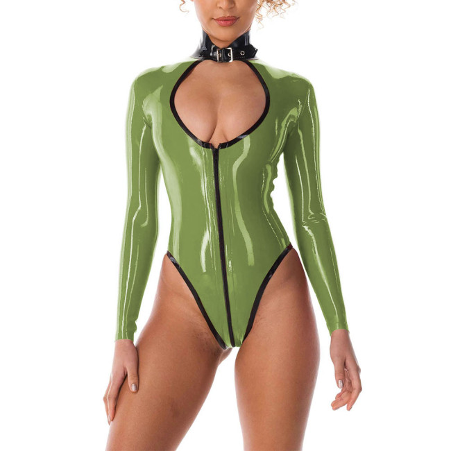 One-piece Rompers Long Sleeve Catsuit Vinyl Faux Leather Bodysuit Sexy Women Hollow out Chest Playsuits with Front Zipper 7XL